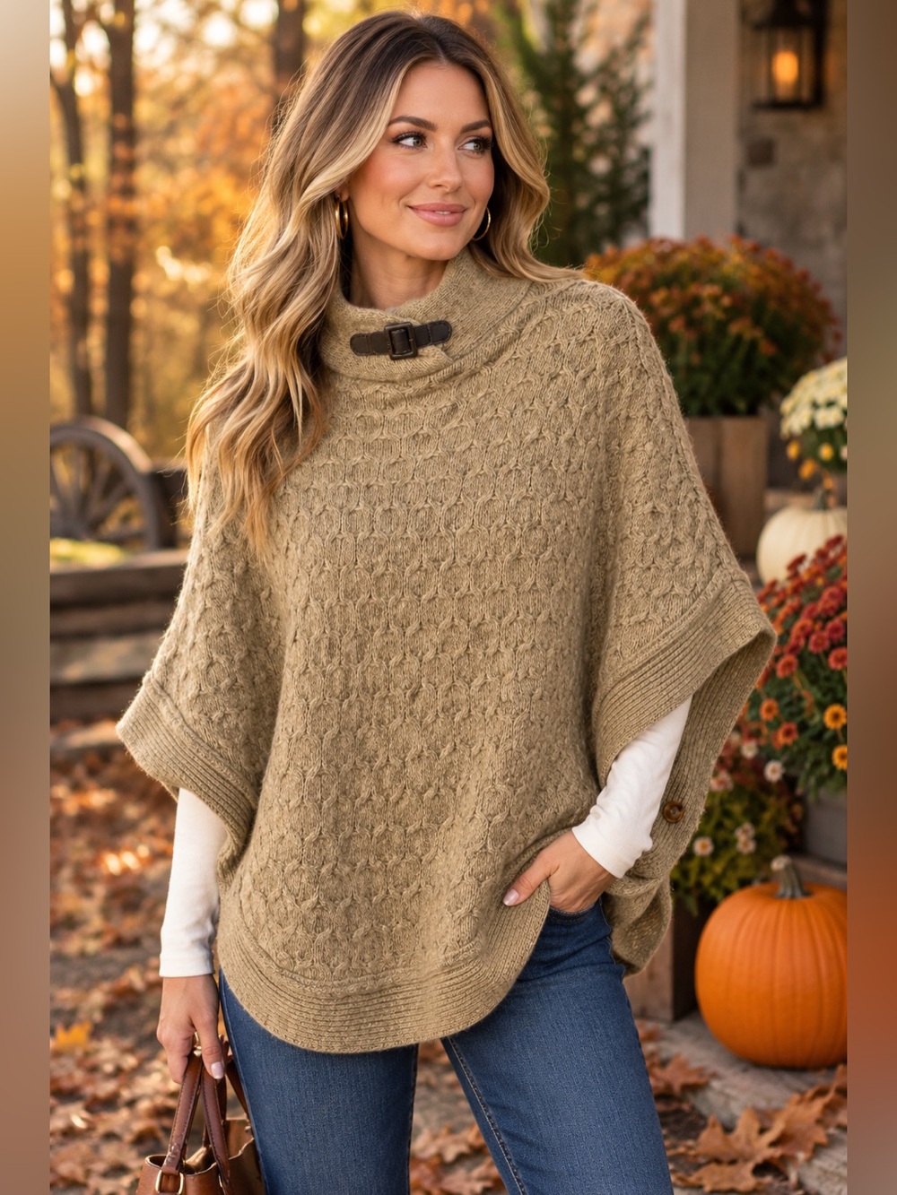 Chiaramente Made in Italy Neutral Cable-Knit Poncho with Buckle Collar - Cream